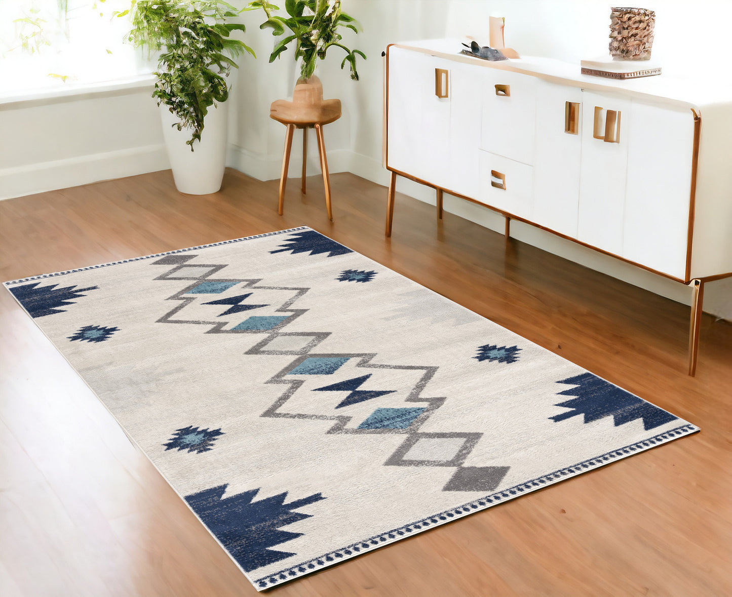 8' Runner Blue and Ivory Southwestern Runner Rug