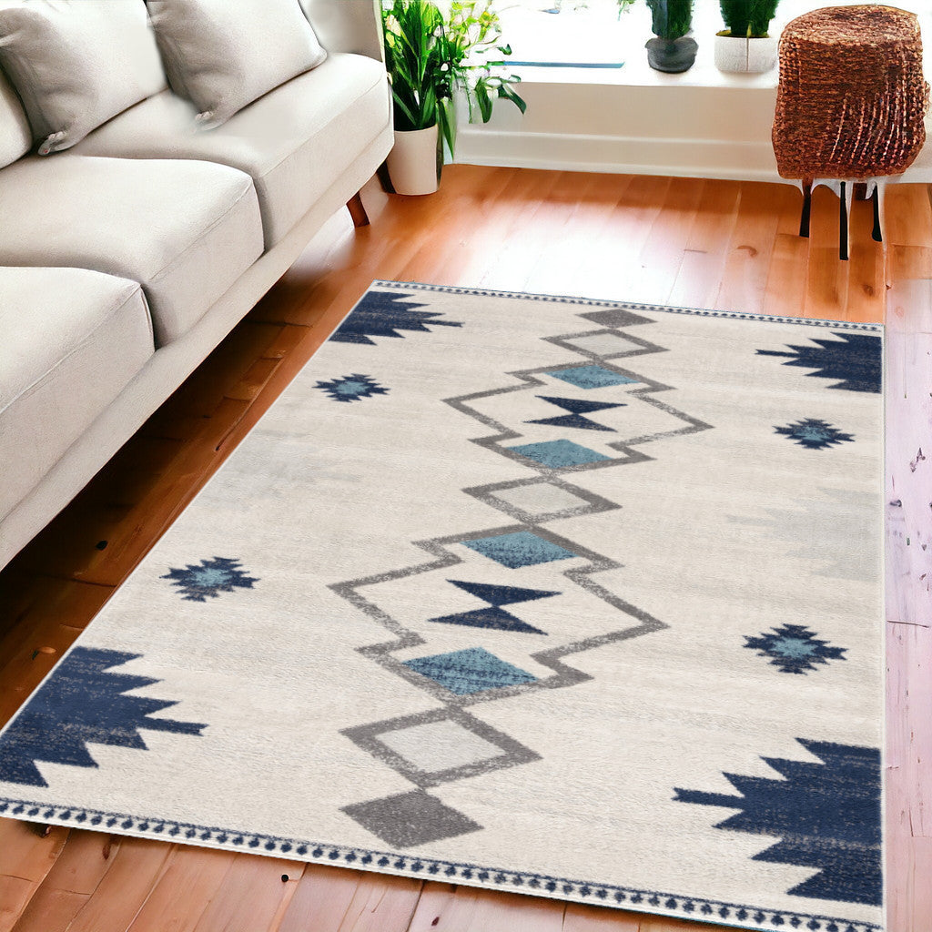 8' Runner Blue and Ivory Southwestern Runner Rug