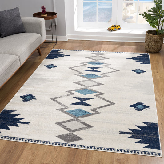 8' Runner Blue and Ivory Southwestern Runner Rug