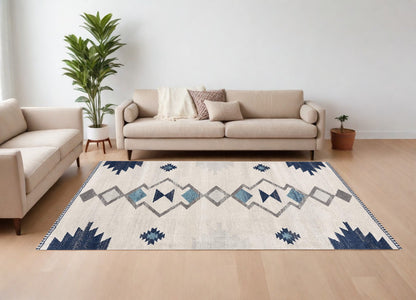 8' Runner Blue and Ivory Southwestern Runner Rug