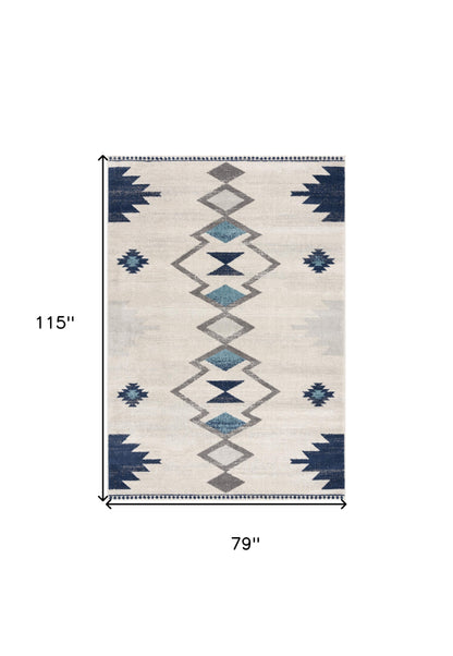 8' Runner Blue and Ivory Southwestern Runner Rug