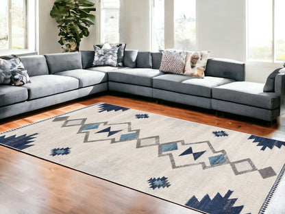 8' Runner Blue and Ivory Southwestern Runner Rug