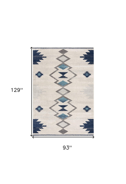 8' Runner Blue and Ivory Southwestern Runner Rug