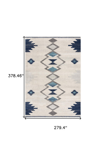 8' Runner Blue and Ivory Southwestern Runner Rug