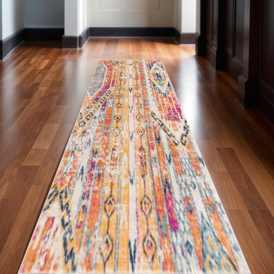 15' Gold And Ivory Southwestern Runner Rug