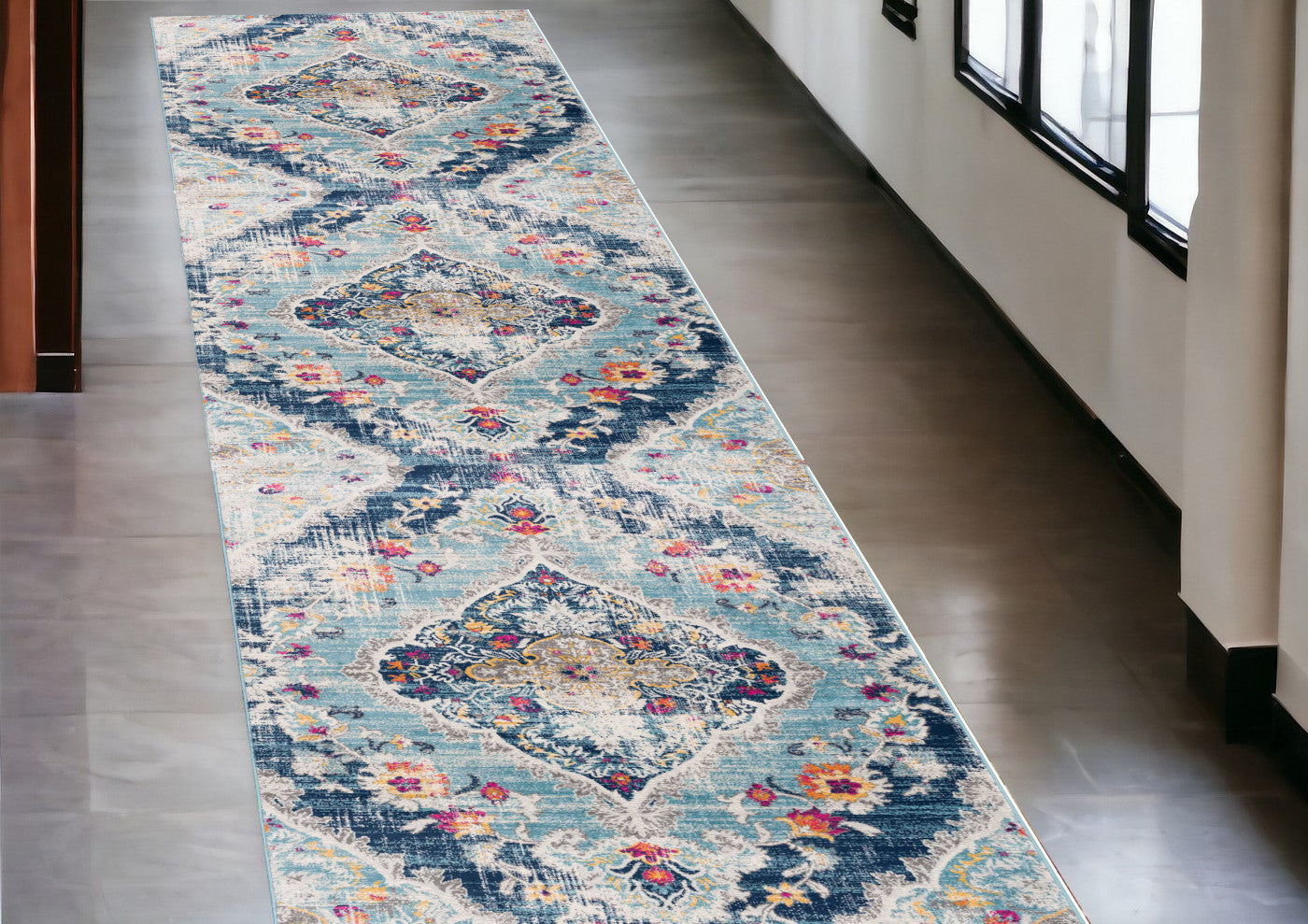 10' Runner Blue and Ivory Medallion Runner Rug