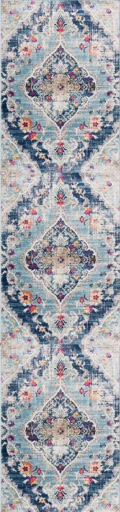 5' X 7' Blue and Ivory Medallion Area Rug