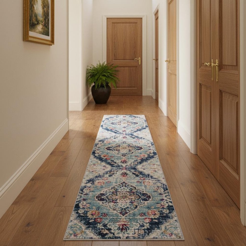 10' Blue And Ivory Medallion Runner Rug