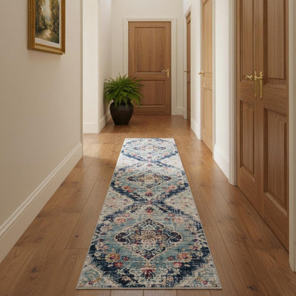 10' Blue And Ivory Medallion Runner Rug