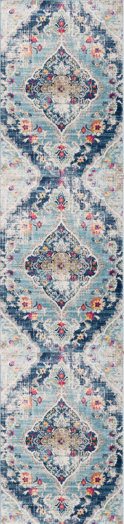 10' Runner Blue and Ivory Medallion Runner Rug