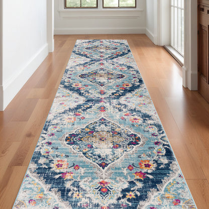 10' Runner Blue and Ivory Medallion Runner Rug