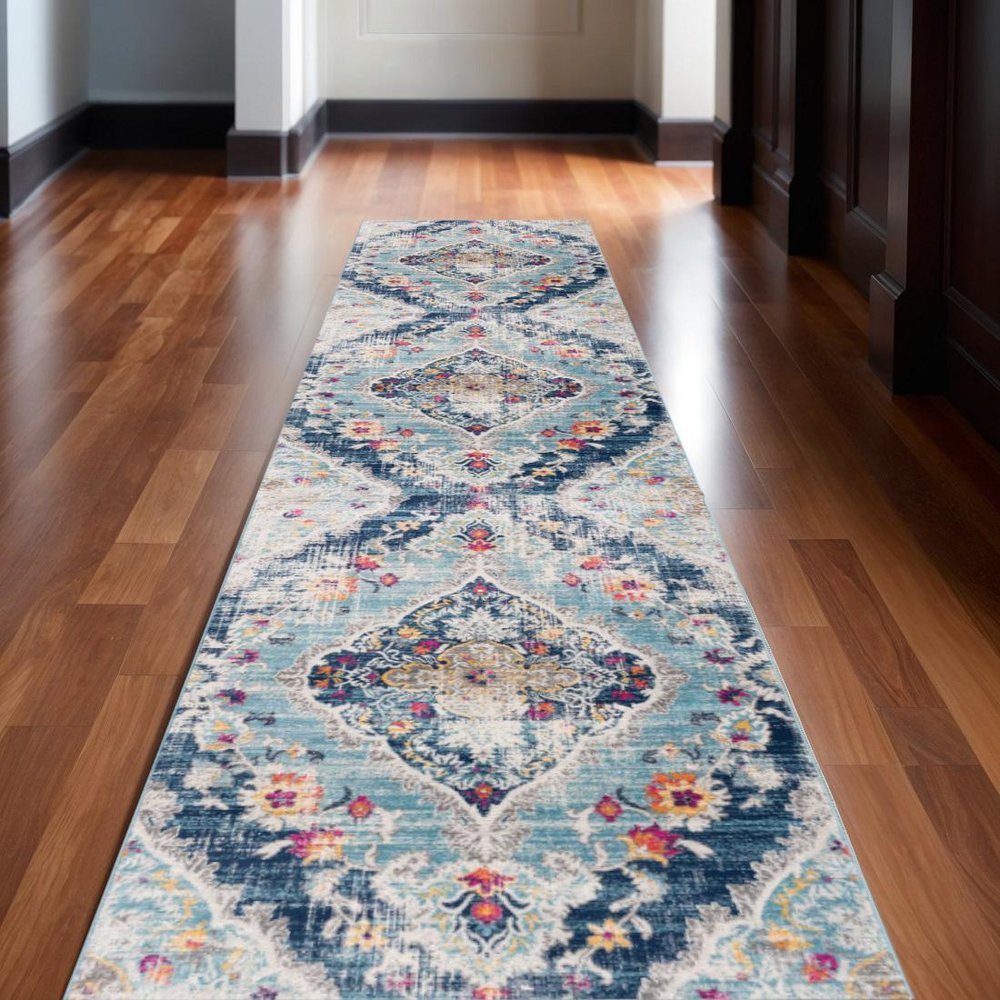 10' Blue And Ivory Medallion Runner Rug