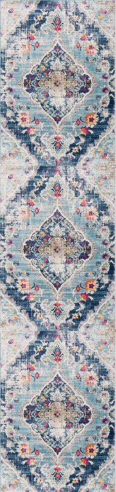 10' Blue And Ivory Medallion Runner Rug