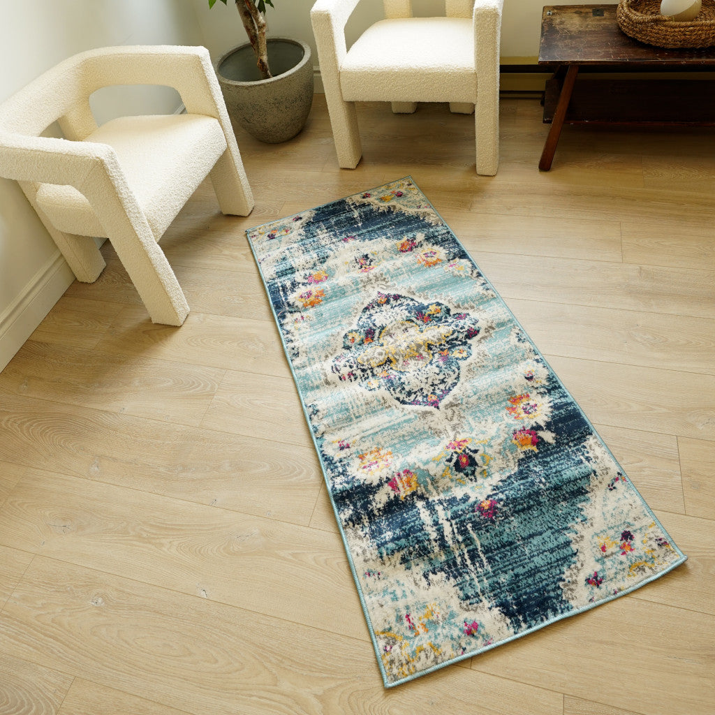 10' Runner Blue and Ivory Medallion Runner Rug