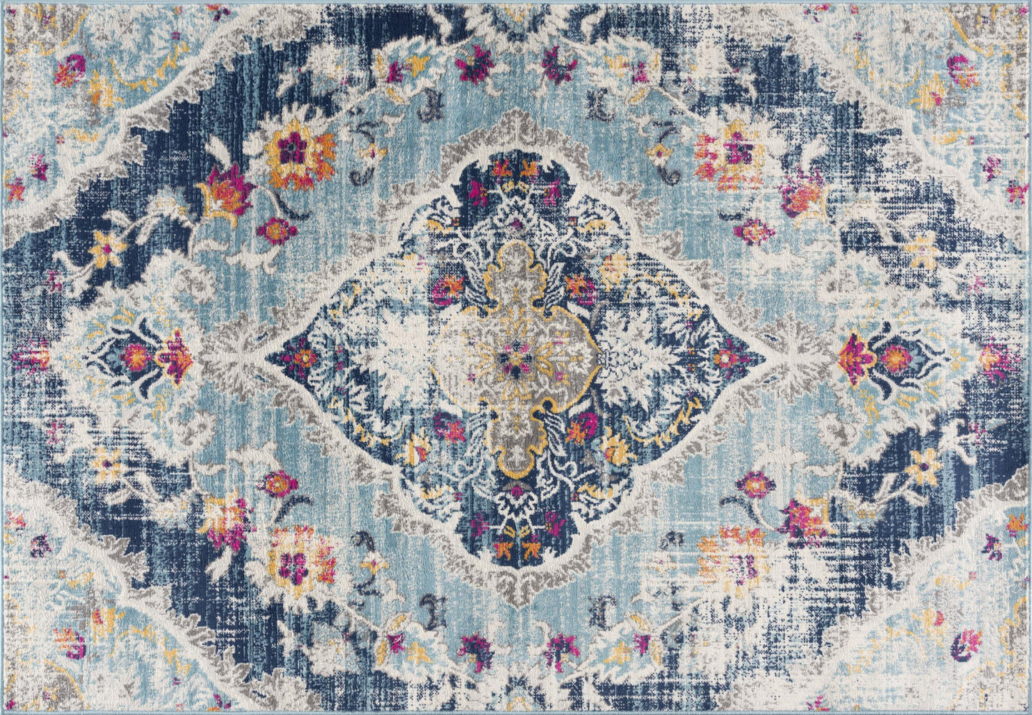 10' Runner Blue and Ivory Medallion Runner Rug