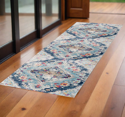 10' Runner Blue and Ivory Medallion Runner Rug