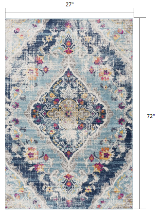 10' Runner Blue and Ivory Medallion Runner Rug