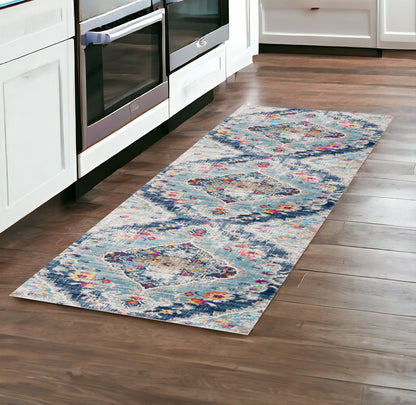 10' Runner Blue and Ivory Medallion Runner Rug