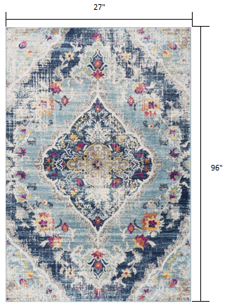 10' Runner Blue and Ivory Medallion Runner Rug