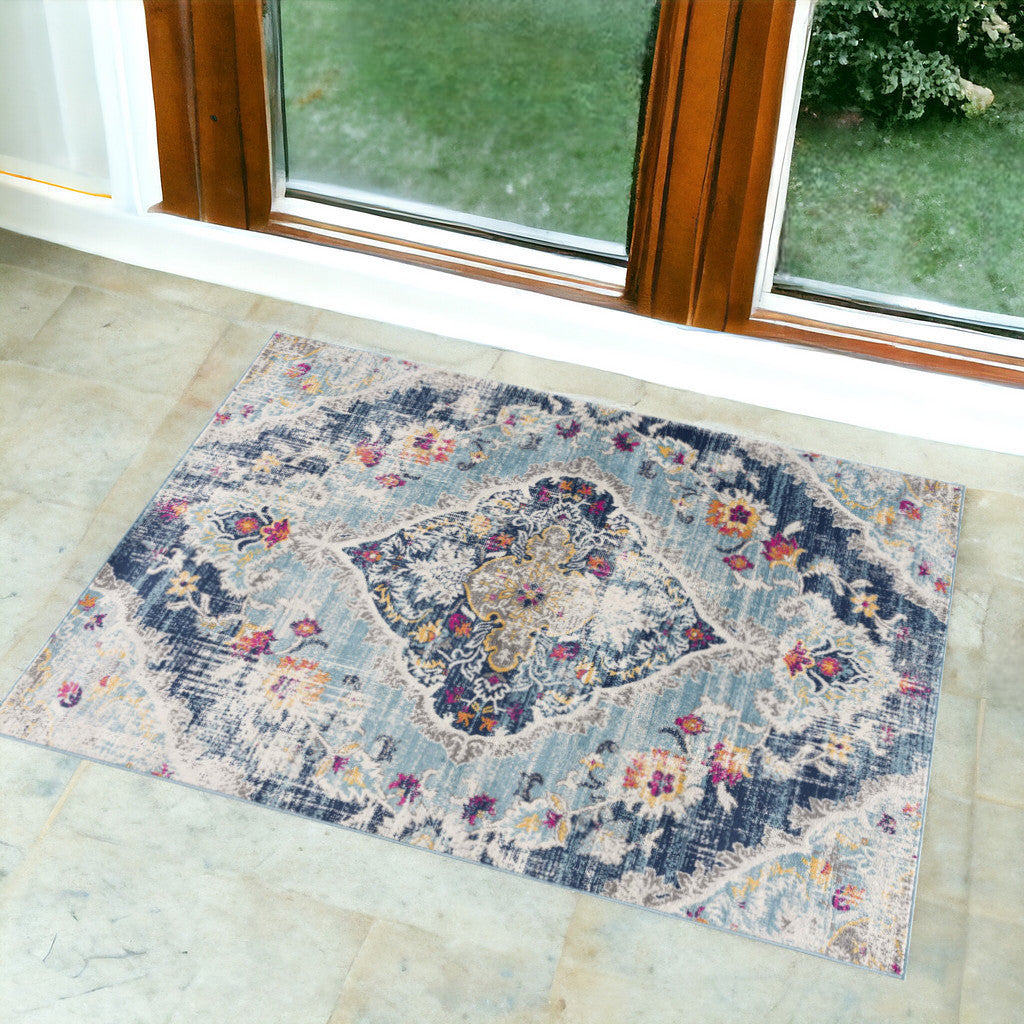 10' Runner Blue and Ivory Medallion Runner Rug