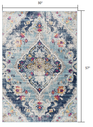 10' Runner Blue and Ivory Medallion Runner Rug