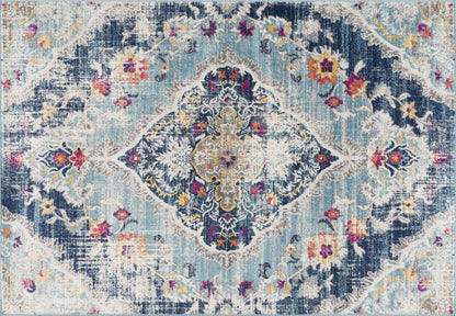 10' Runner Blue and Ivory Medallion Runner Rug