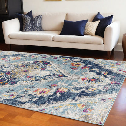 10' Runner Blue and Ivory Medallion Runner Rug