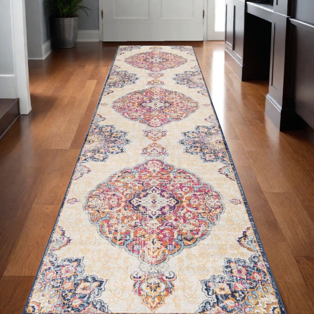 10' Runner Blue and Beige Medallion Runner Rug