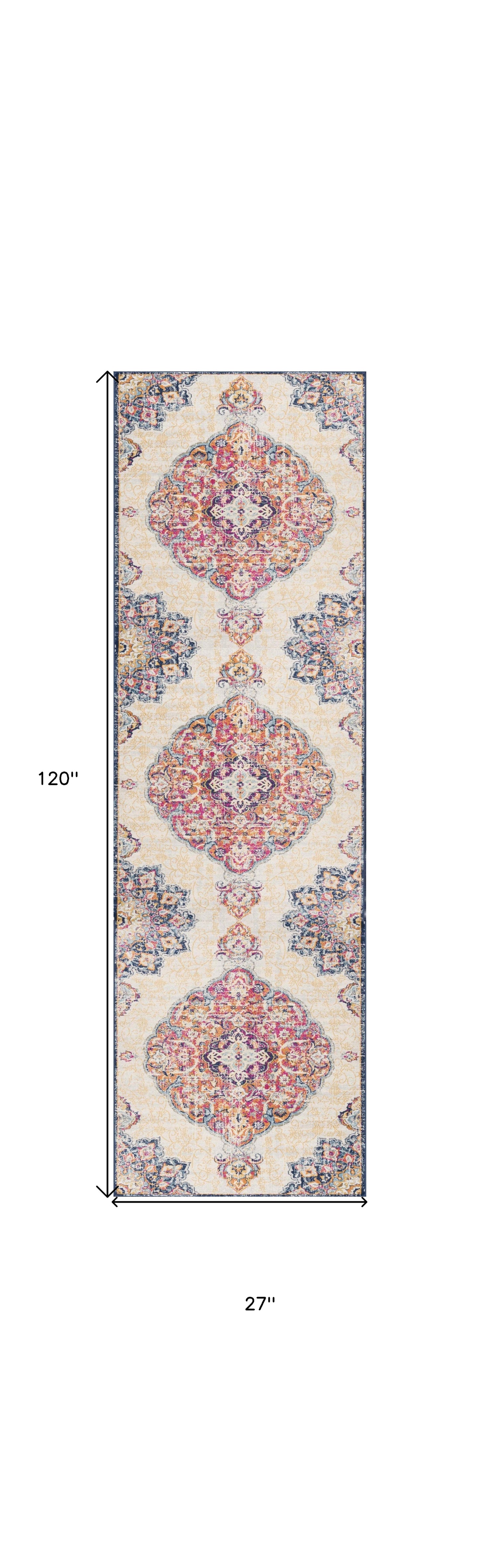 10' Runner Blue and Beige Medallion Runner Rug