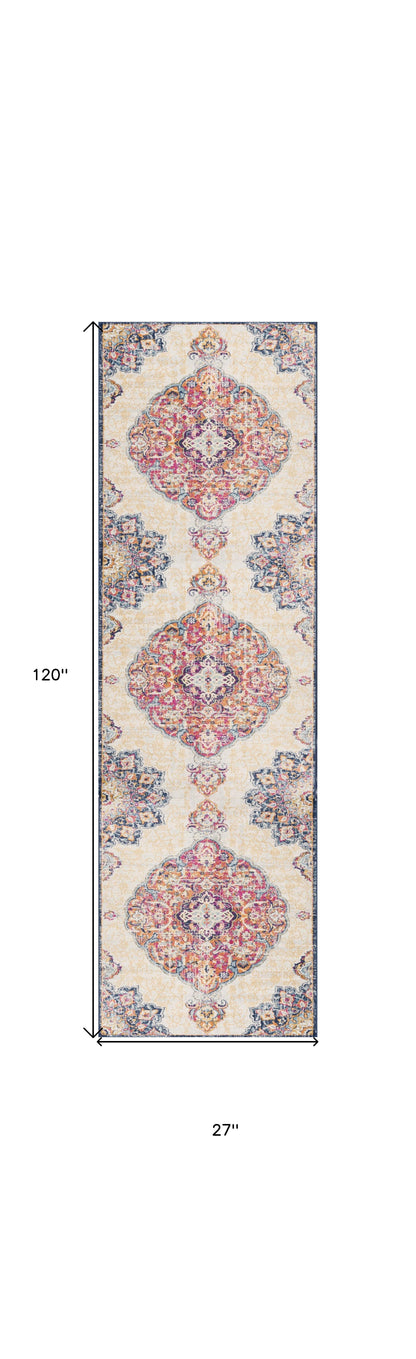 10' Runner Blue and Beige Medallion Runner Rug