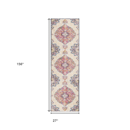 10' Blue And Beige Medallion Runner Rug