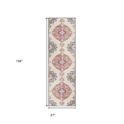 10' Blue And Beige Medallion Runner Rug
