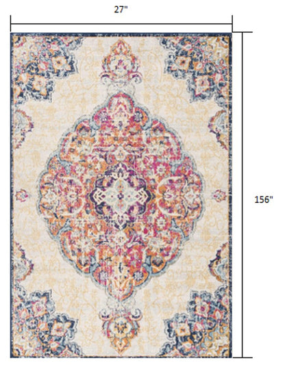 10' Blue And Beige Medallion Runner Rug