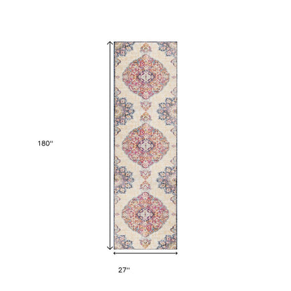 10' Blue And Beige Medallion Runner Rug