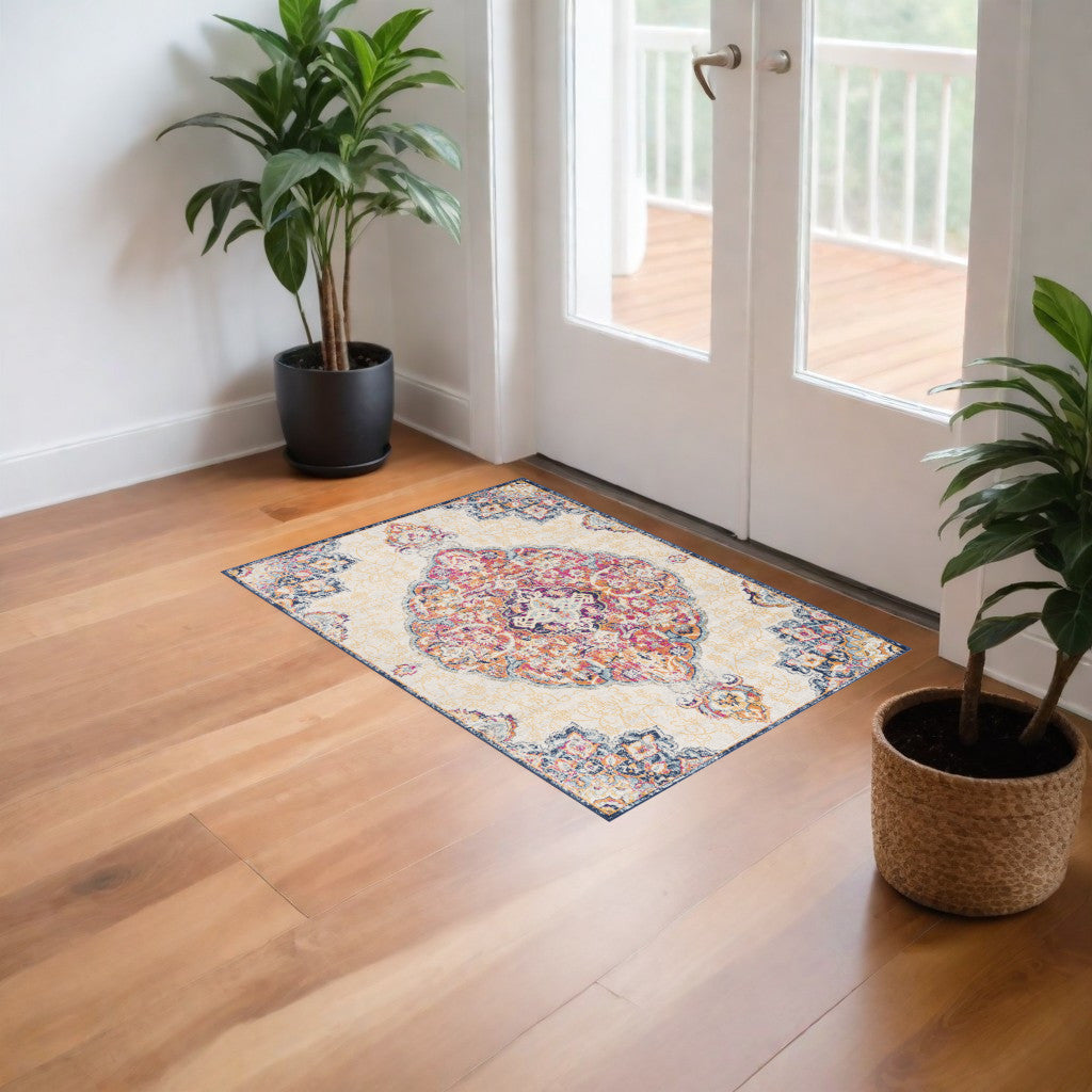 10' Runner Blue and Beige Medallion Runner Rug