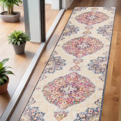 10' Blue And Beige Medallion Runner Rug