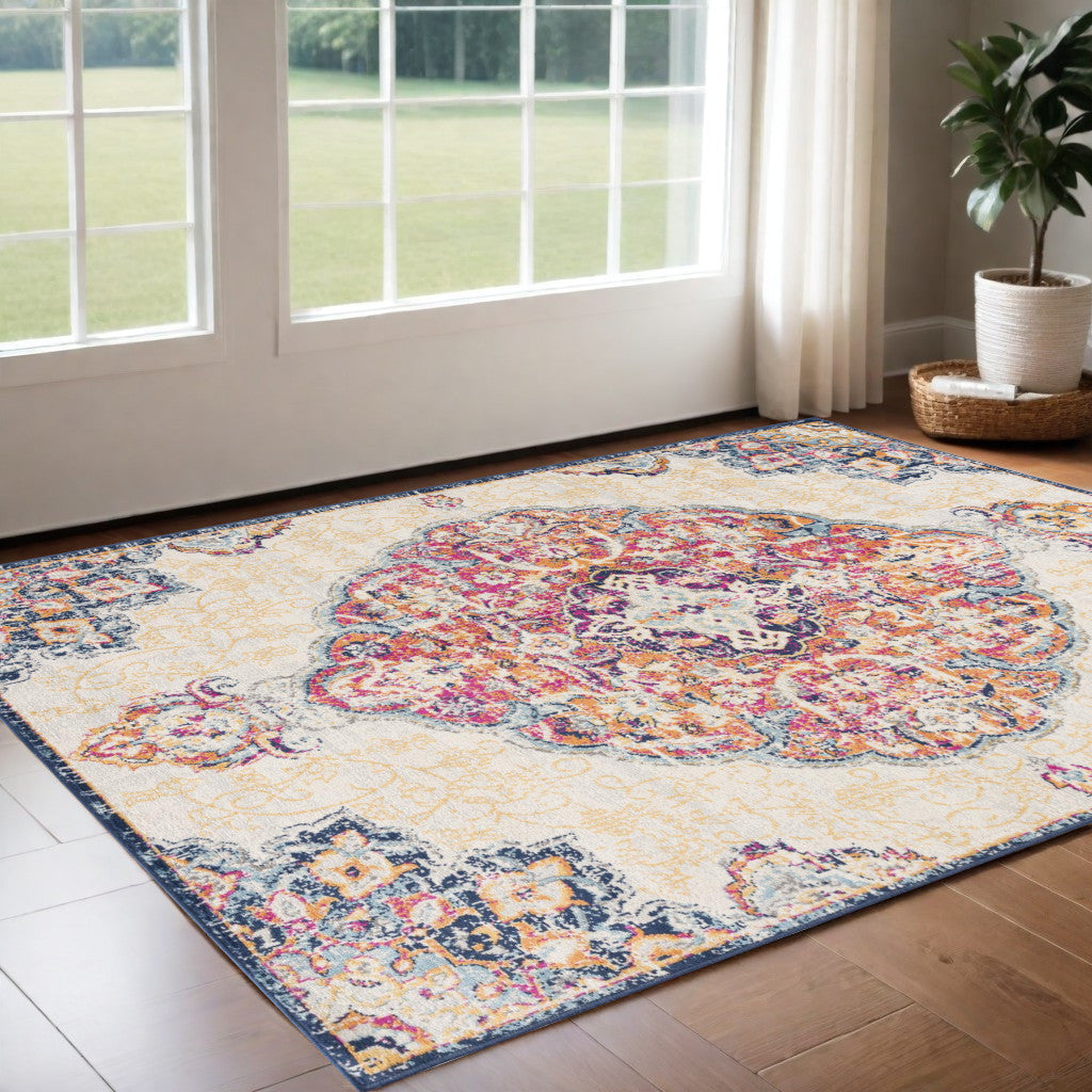 10' Runner Blue and Beige Medallion Runner Rug