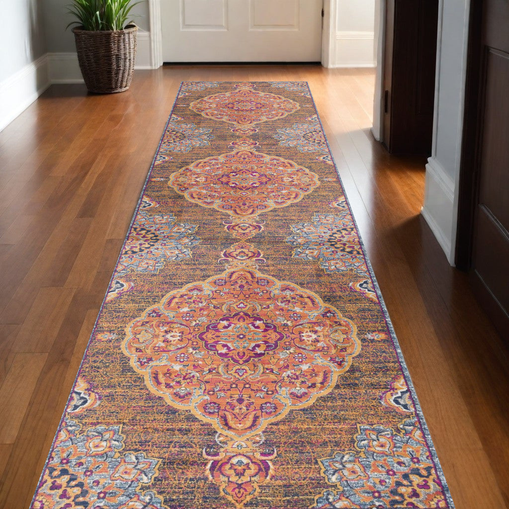 2' X 10' Rustic Orange Medallion Runner Rug