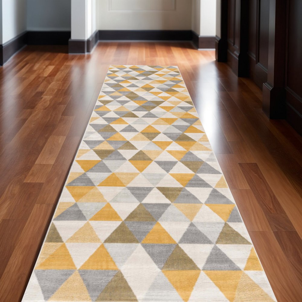 10' Yellow And Ivory Geometric Runner Rug