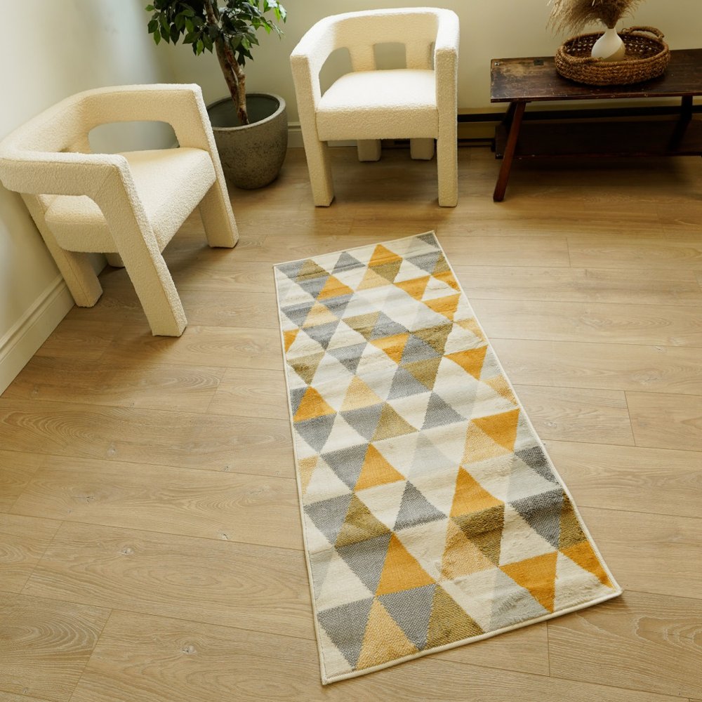 10' Yellow And Ivory Geometric Runner Rug