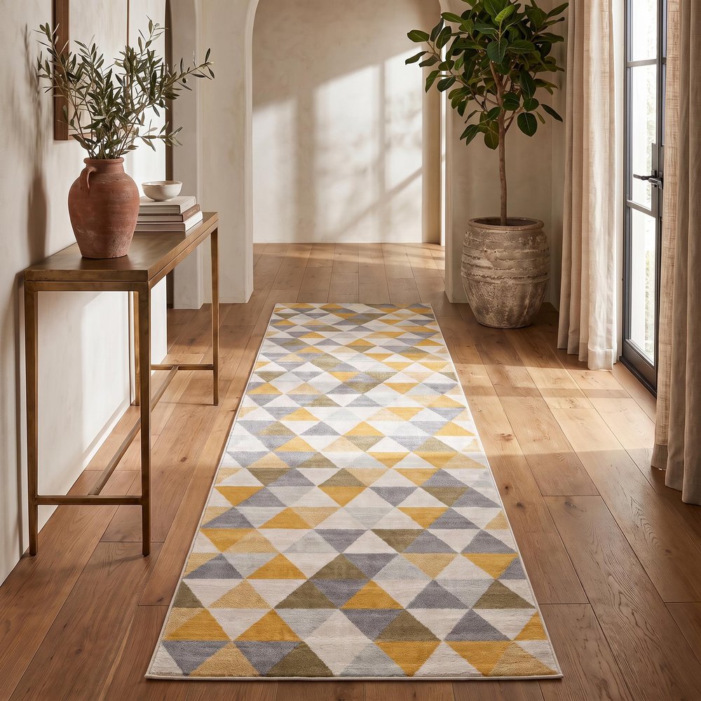 8' Yellow And Ivory Geometric Runner Rug