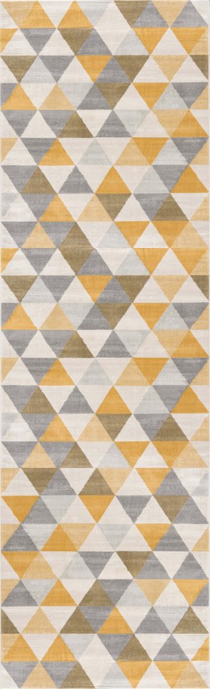 10' Yellow And Ivory Geometric Runner Rug