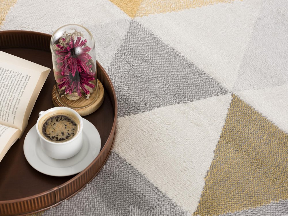 10' Yellow And Ivory Geometric Runner Rug