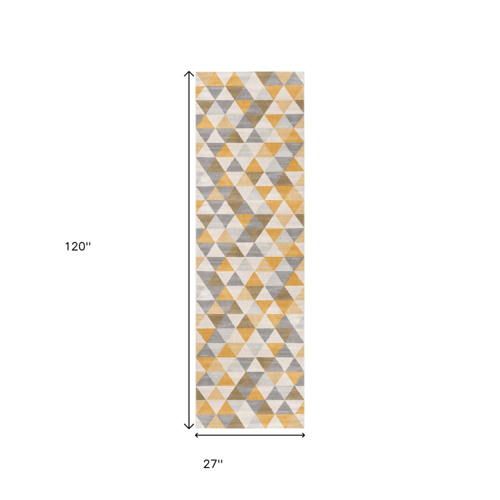 10' Yellow And Ivory Geometric Runner Rug