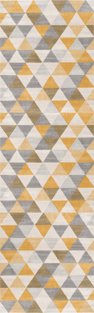 10' Yellow And Ivory Geometric Runner Rug
