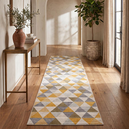 8' Yellow And Ivory Geometric Runner Rug