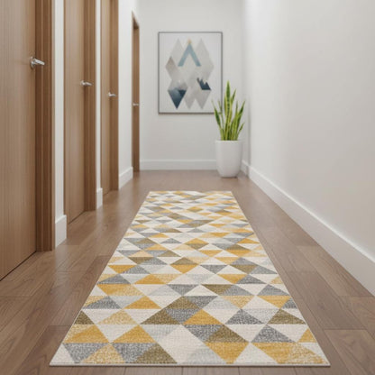 10' Yellow And Ivory Geometric Runner Rug