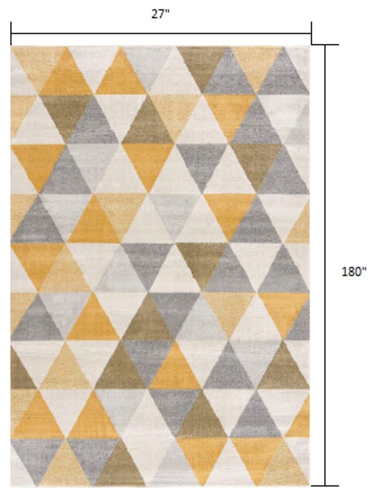 10' Yellow And Ivory Geometric Runner Rug
