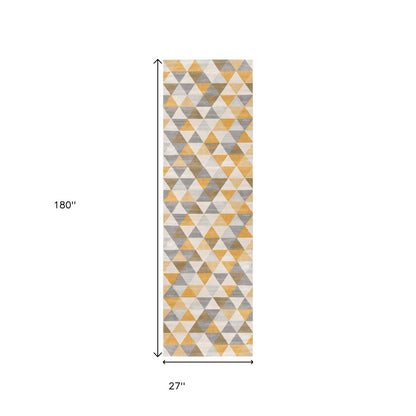 10' Yellow And Ivory Geometric Runner Rug