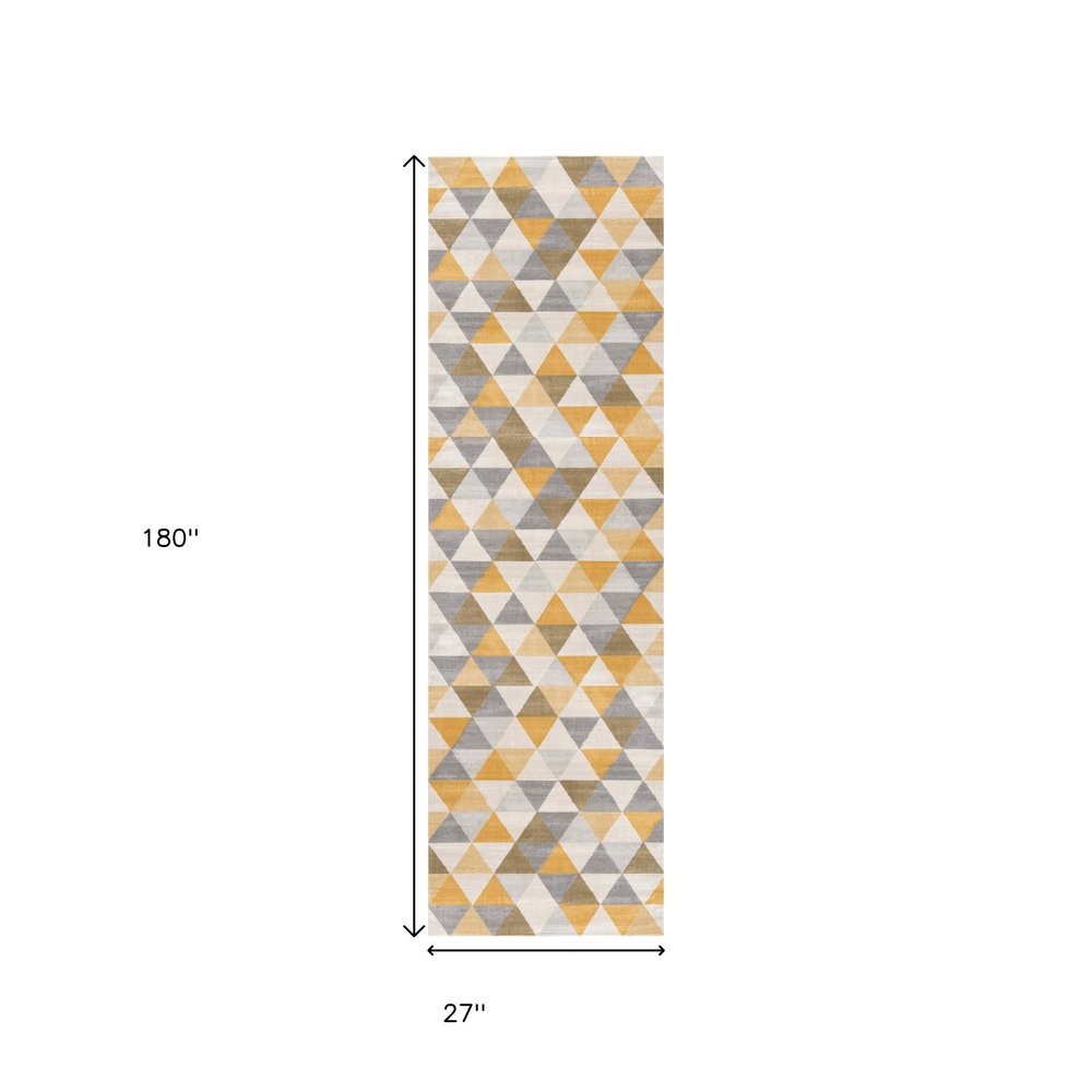 10' Yellow And Ivory Geometric Runner Rug